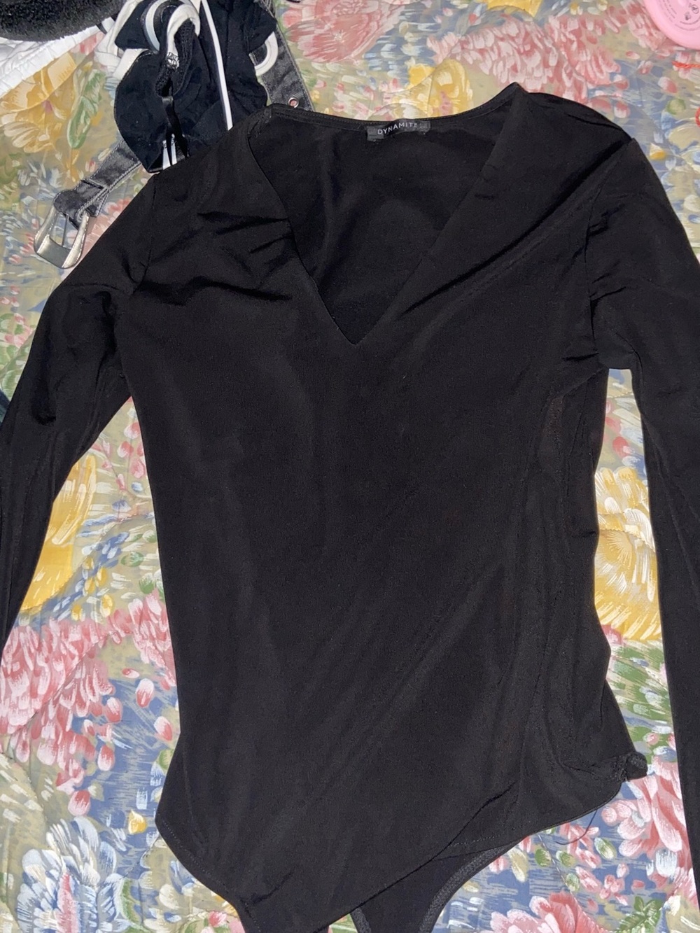 Dynamite Black V-Neck Long Sleeve Bodysuit with Snap